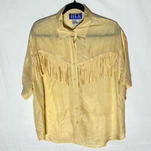 Vintage 90s HER Butter Yellow Silk Short Sleeve Button Up Shirt W Fringe L Rodeo